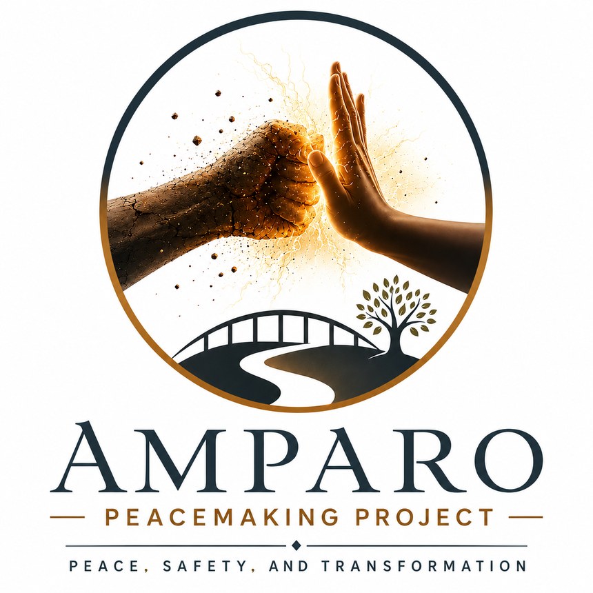 Amparo Peacemaking Project emblem: a fist meeting an open palm above a bridge and a winding road, with the wordmark and the line Peace, Safety, and Transformation
